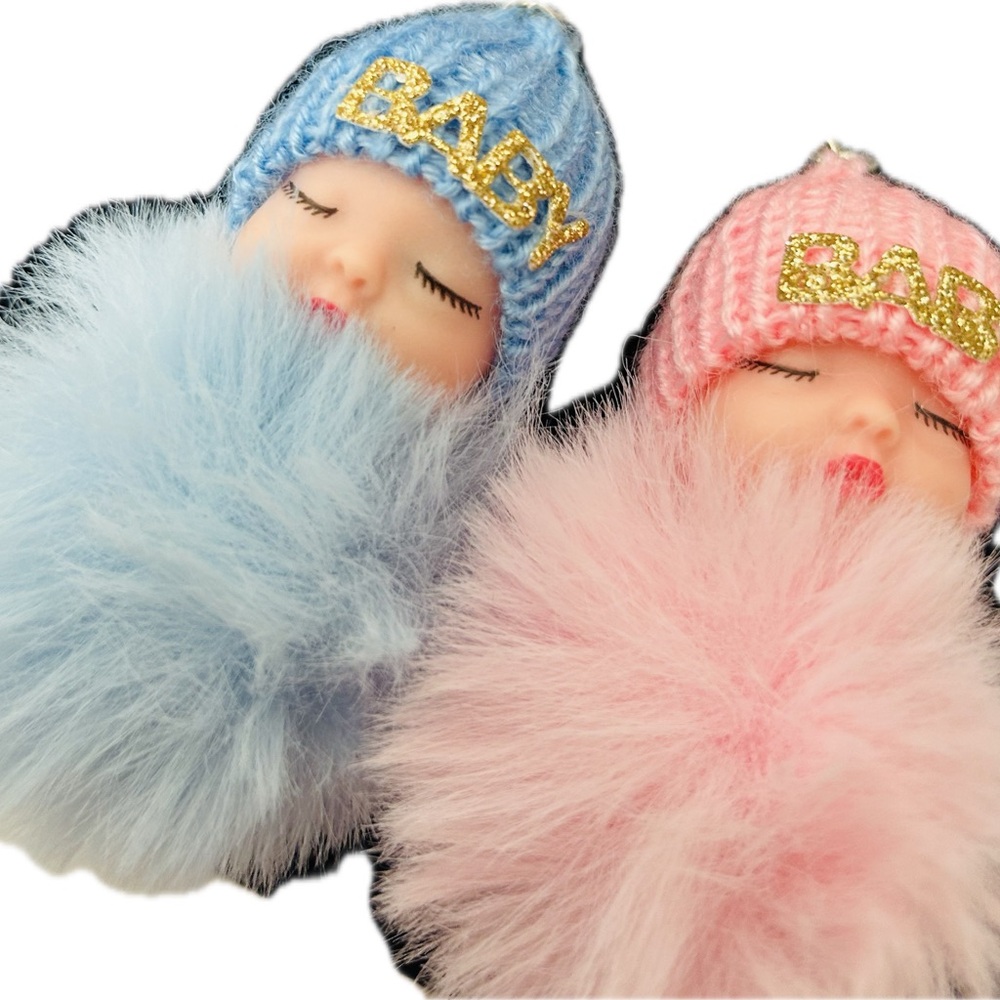Adorable Blue & Pink Knitted Baby Doll Keyring Keychain Fashion Accessories - Picture 8 of 8